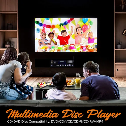 Vista 5 de Pyle Sistema amplificador de micrófono inalámbrico de 4 canales, receptor estéreo de audio para el hogar con reproductor de CD/DVD, micrófonos UHF