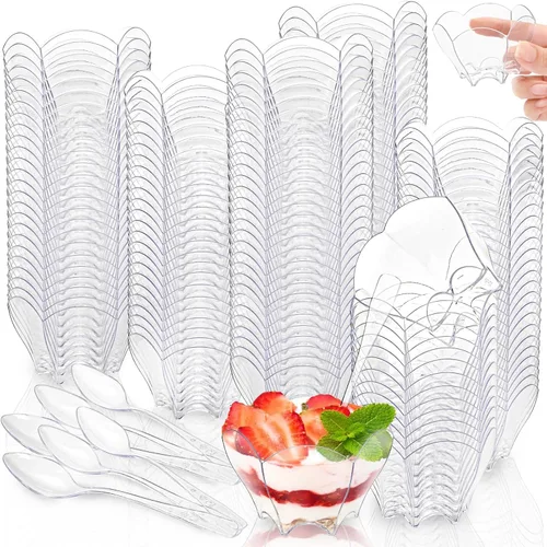 Vista 9 de Tebery Paquete de 100 mini tazas de postre Parfaits con 100 cucharas, cuenco pequeño transparente de 2.5 onzas para probar postres de fiesta