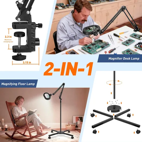 Vista 4 de KIRKAS Lupa de piso grande 12X con luz y soporte, color infinito regulable 2 en 1 lámpara de lupa iluminada para trabajo cercano, lectura