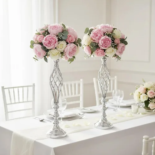 Vista 11 de 2 piezas de centros de mesa de boda para mesas de recepción, soportes de velas retorcidas, adornos, centros de mesa de metal con jarrón de flores