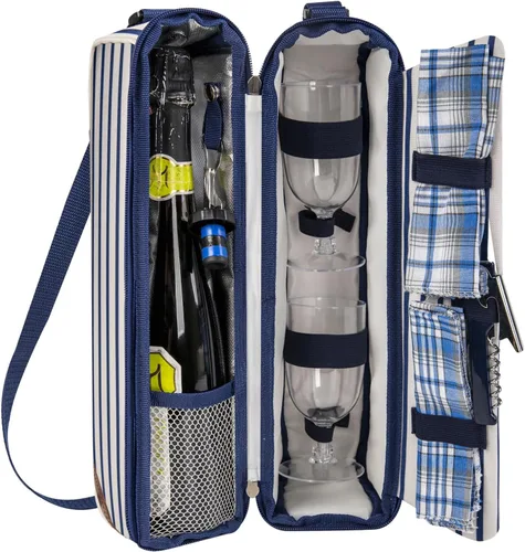 Vista 9 de ALLCAMP - Bolsa de vino con compartimento refrigerador, juego de picnic que lleva dos juegos de vajilla