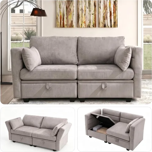 Vista 31 de Sofá con Otomano en Forma de L Pequeño con Asientos Almacenables de 57" Sofá Seccional Modular con Brazos y Respaldo Reclinables Sofá Convertible