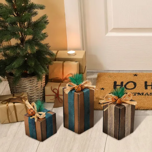 Vista 2 de 3 piezas de caja de regalos de madera de Navidad, decoración de centros de mesa de regalos a cuadros navideños, decoración de bandeja escalonada