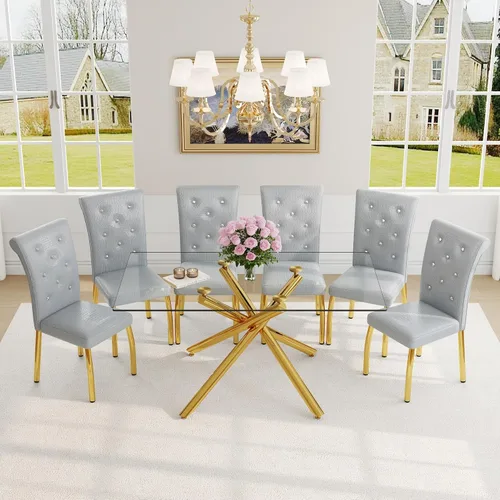 Vista 45 de Juego de mesa de comedor moderna para mesa de comedor negra de 4,63 pulgadas, juego de 4 con patas de metal dorado, mesa de cocina rectangular
