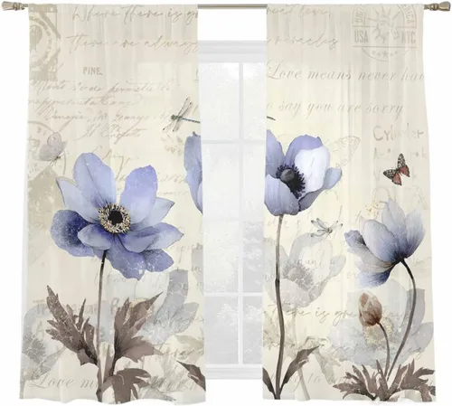 Vista 2 de Cortinas Traslúcidas Florales Elegantes de 63 Pulgadas de Largo, Juego de 2 Paneles para Sala de Estar/Dormitorio, Cortinas Semi Transparentes