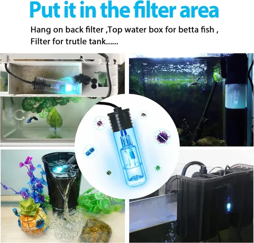 Vista 6 de TARARIUM Lámpara de acuario de 3 W, mini pecera, luz verde limpia, sumergible, uso en área de filtro para estanque de peces de 10 a 45 galones, agua