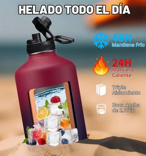 Vista 4 de Botella de agua aislada de 1 galón, con popote y tapa de pico automático, mango de paracord, funda para botella, botella de agua de acero inoxidable