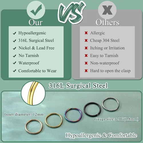 Vista 20 de Jstyle 5 anillos de acero quirúrgico 316L para la nariz, 16G, 18G, 20G, con bisagras, para la nariz, para mujeres y hombres, cartílago, arete