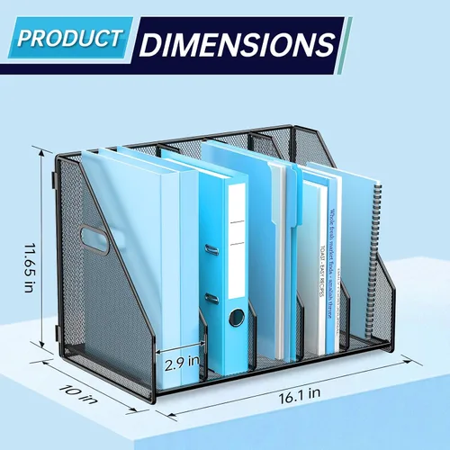 Vista 3 de MINDEPOT Organizador de Archivos de Escritorio de Metal Soporte para Carpetas de Revistas de Escritorio con 5 Compartimentos Verticales Organizador