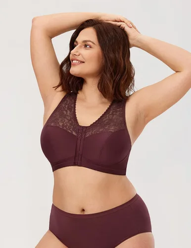 Vista 4 de CALVENA Sujetador de cierre frontal para mujer, cobertura completa, sin varillas, de encaje, talla grande, espalda cruzada