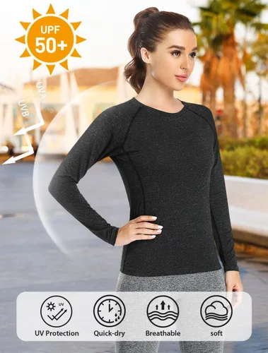 Vista 2 de Ullony Camiseta de manga larga para mujer que absorbe la humedad, camiseta de entrenamiento de manga larga para mujer, ajuste seco, yoga, atletismo