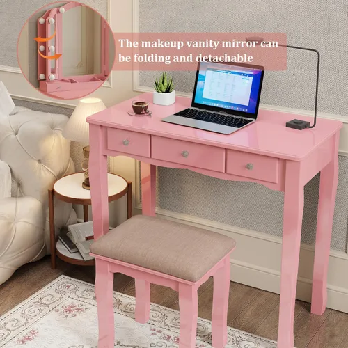 Vista 6 de Tocador de maquillaje rosa para niñas, escritorio con espejo y luces, tocador para niñas con luces, juego de tocador de maquillaje tocadores