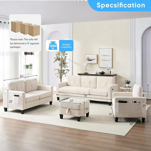 Vista 2 de Mjkone Juego de 3 piezas de sofá sectioanl de pana con otomana de almacenamiento, sofás convertibles con bolsillos laterales, sofá en forma de L +