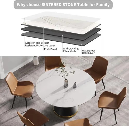 Vista 7 de Mesa de comedor moderna de 53 pulgadas, mesa de comedor de piedra sinterizada con base de acero al carbono negro, mesa de comedor redonda de 53
