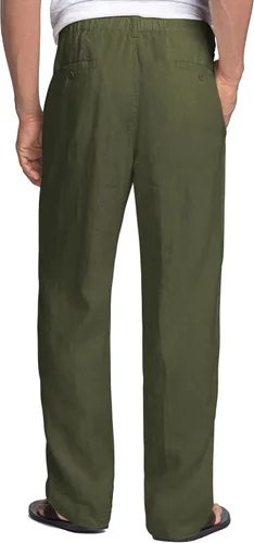 Vista 2 de COOFANDY Pantalones casuales de lino para hombre, cintura elástica, con cordón, pantalones de verano para playa y verano, pantalones de lino ligeros