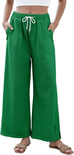 Vista 17 de Athlisan Pantalones Palazzo Holgados de Pierna Ancha para Mujer Casuales Sueltos con Cordón Cintura Elástica Pantalones de Descanso con Bolsillos