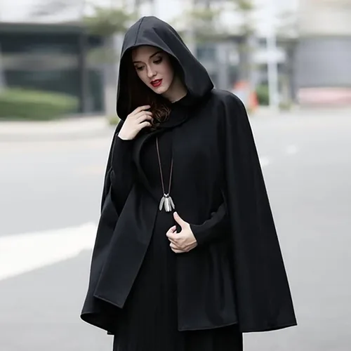 Vista 3 de Capa con capucha para mujer, capa de mezcla de lana, estilo vintage, talla grande, gabardina, para invierno
