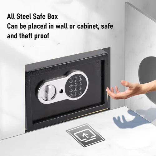 Vista 6 de Hyuduo Mini caja fuerte, caja de seguridad electrónica con contraseña digital y llaves de respaldo, caja de seguridad de acero antirrobo para viajes