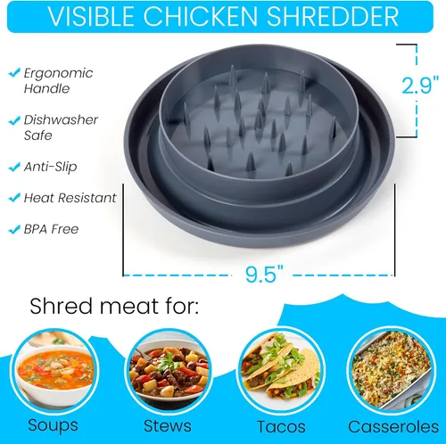 Vista 8 de Herramienta desmenuzadora de pollo para carne, desmenuzadora grande de pechuga de pollo con tapa, base antideslizante y mango ergonómico, resistente