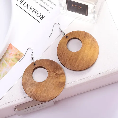 Vista 5 de 4 pares de pendientes geométricos de madera de madera con forma de lágrima de círculo redondo y pendientes de madera étnico natural de madera