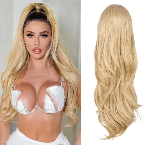 Vista 10 de Extensión de cola de caballo rubio, extensión de cola de caballo con cordón de 20 pulgadas para mujeres, extensiones de cabello de cola de caballo