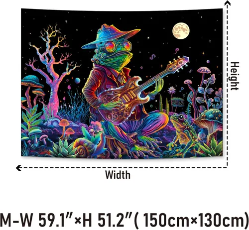 Vista 7 de Galoker - Tapiz de luz negra con rana, tapiz de hongos neón de fantasía, tapiz de plantas florales reactivas a los rayos UV, tapiz de pared