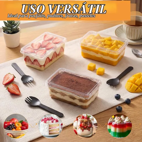 Vista 6 de Tanlade - Juego de 100 tazas de postre transparentes de 8 onzas con tapas y tenedores, tazas de plástico rectangulares desechables parfait