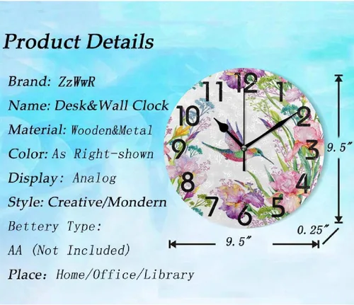Vista 2 de Spring Hummingbird - Reloj de pared redondo con estampado de flores, 9.5 pulgadas, funciona con pilas, reloj de escritorio analógico silencioso