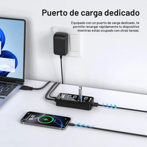 Vista 3 de Atolla Hub USB 3.0 de 4 puertos con 4 puertos de datos, 1 puerto de carga inteligente, interruptores individuales de encendido/apagado y adaptador
