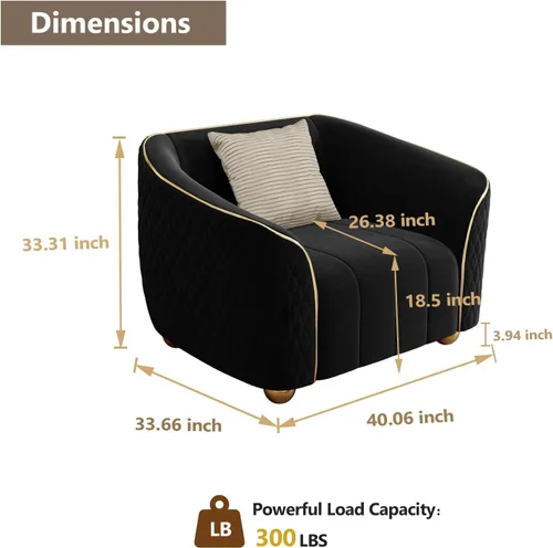 Vista 2 de Sofá de terciopelo retro de lujo para sala de estar, cómodo sillón tapizado de 40 pulgadas con patas de metal dorado y almohada, sofá seccional Negro