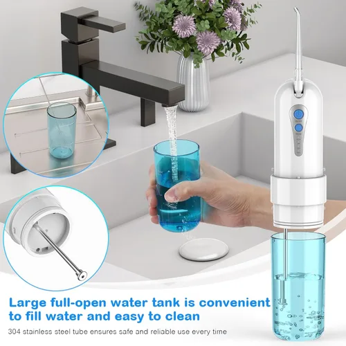 Vista 8 de Irrigador dental de agua para limpieza de dientes y hilo dental con funda de tamaño de viaje, irrigador oral recargable, irrigador dental portátil