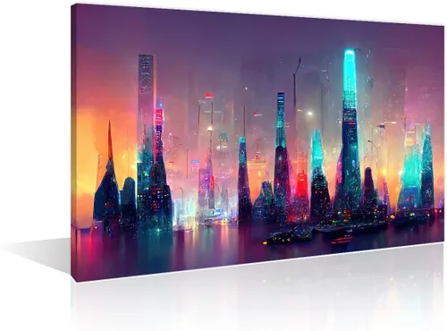 Vista 16 de 1 panel de cuadros de la ciudad de Cyberpunk, arte de pared, representación de vallas publicitarias, edificios modernos en la capital con obras