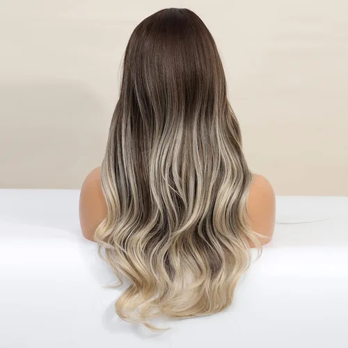Vista 8 de Peluca marrón con flequillo para mujer, peluca larga ombré marrón oscuro, peluca sintética ondulada con raya en medio, cabello natural resistente al