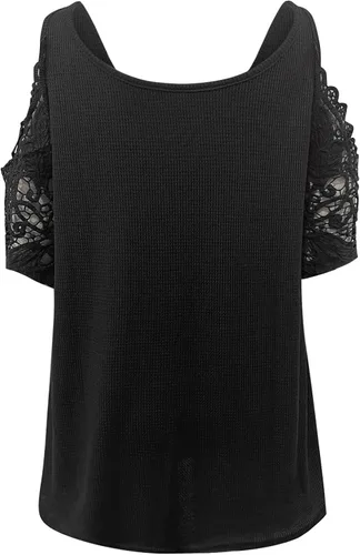 Vista 4 de KNFATEQVEDG Camisetas de manga corta con cuello en V y cremallera para mujer, talla grande, con hombros descubiertos, blusas de verano sexy, Negro