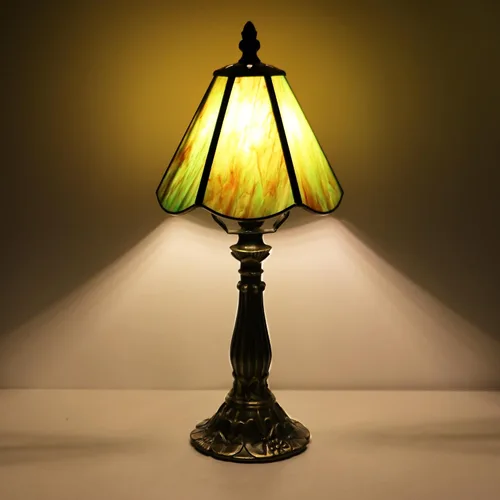 Vista 8 de Small Tiffany Style Table Lamp Amber Green Stained Glass Lamp 14 Inch
