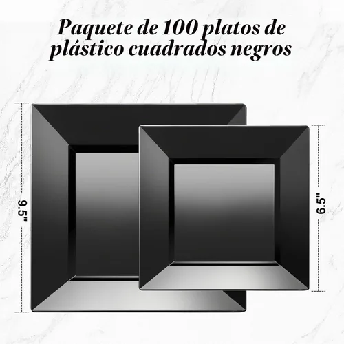 Vista 4 de Goodluck 100 Pack de Platos Desechables Cuadrados Negros, Platos de Plástico Resistente: 50 Platos de Cena de 24.1 cm y 50 Platos de Postre de 16.5