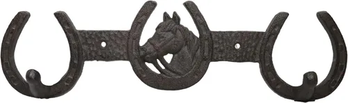 Vista 2 de Ebros Gift Cabeza de caballo rústica occidental con 3 herraduras con dije de la suerte, abrigo, llavero, correa, 2 clavijas, gancho de doble pared