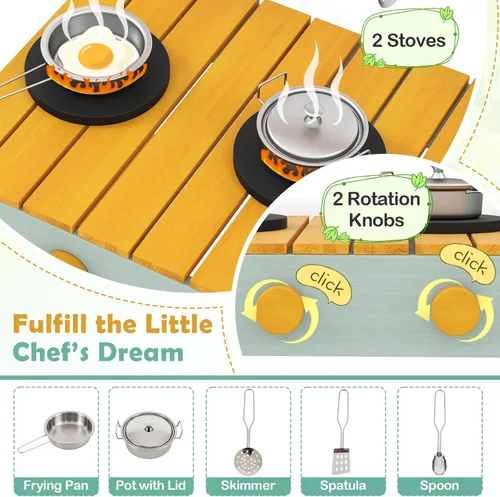 Vista 4 de Costzon Cocina de barro, banco de madera para macetas para niños con grifo extraíble, fregadero, estufas, pomos de rotación, cajas para macetas