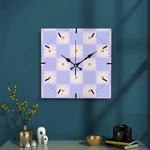 Vista 3 de Retro Checkered Purple Flower Battery Operated Clock Wall Clocks Battery Operated Wall Clock Decor Set Clocks Reloj De Pared for Kitchen Bathroom