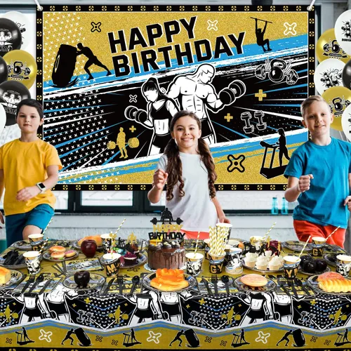 Vista 6 de KEFAN Decoraciones de fiesta de gimnasio, paquetes de suministros para fiesta de cumpleaños, levantamiento de pesas, deportes, suministros de fiesta