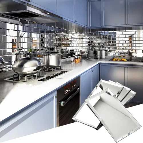 Vista 11 de Azulejos de Espejo para Salpicadero de Cocina, Tira Plateada, 12x12 Pulgadas, Azulejo de Espejo Biselado para Pared de Baño