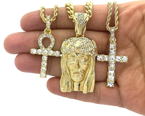 Vista 3 de Shiny Jewelers USA Juego de collar de cadena con colgante de hip hop y diseño de Jesús, manos rezando, tobillos, cruz y ángel, Metal, Circonia cúbica