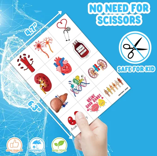 Vista 5 de 96 piezas divertidas de anatomía para niños, recuerdos de fiesta de cumpleaños – tatuajes temporales precortados Cute Human Body Parts, Brain &
