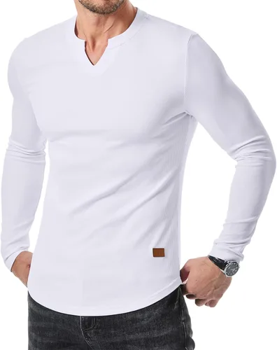 Vista 16 de JMIERR Camisetas de manga larga para hombre, estilo casual, cuello en V Negro+Blanco