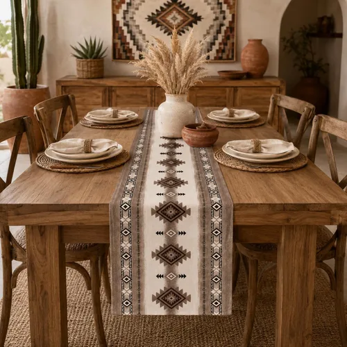 Vista 108 de Camino de mesa étnico del suroeste, navajo tribal nativo americano, bohemio, patrón geométrico azteca, camino de mesa para cocina, mesa de comedor