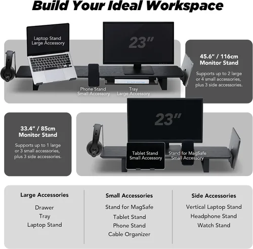 Vista 6 de ULTRARM Moodular - Soporte de Monitor de Madera de 45.6" (116cm) Organizador de Escritorio Grande con Rieles Deslizantes de Metal para Cajón