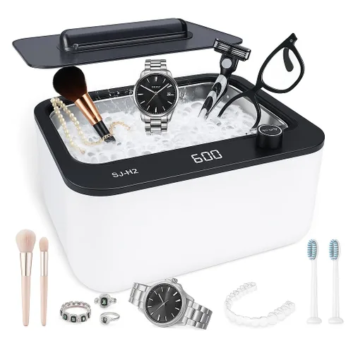 Vista 7 de Limpiador ultrasónico, limpiador ultrasónico de joyería de 45 kHz, limpiador de retenedores dentales para joyas, anillos, gafas, correa de reloj