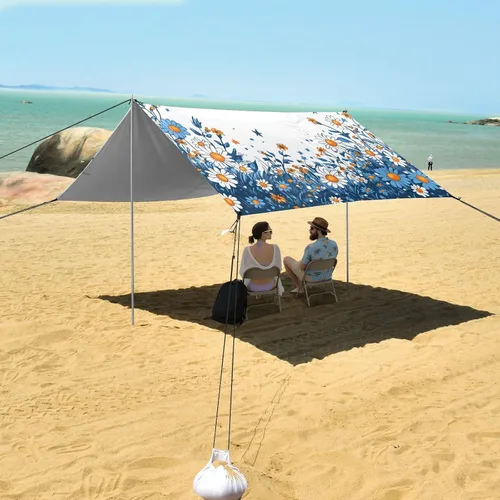 Vista 7 de Colorido diseño floral floral UPF50+ toldo de playa plegable impermeable portátil refugio solar con sacos de arena y pala para patio trasero