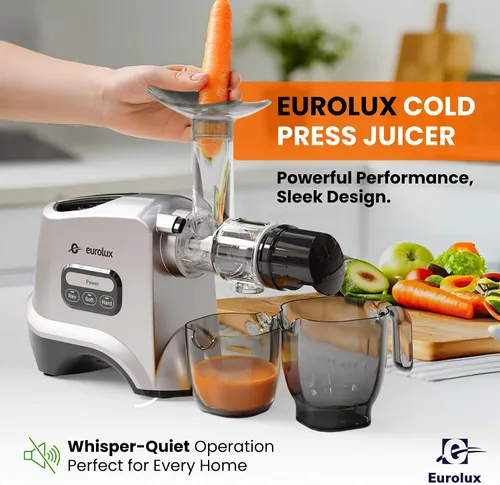 Vista 2 de Eurolux Exprimidor de masticación lenta, máquina de prensa en frío para extracción de jugo de alto rendimiento, exprimidor silencioso y potente