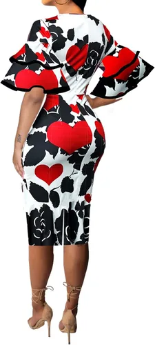 Vista 2 de VisiChenup Vestido sexy para mujer, cuello redondo, elegante, manga larga, volantes, estilo lápiz, traje de negocios, vestidos africanos casuales